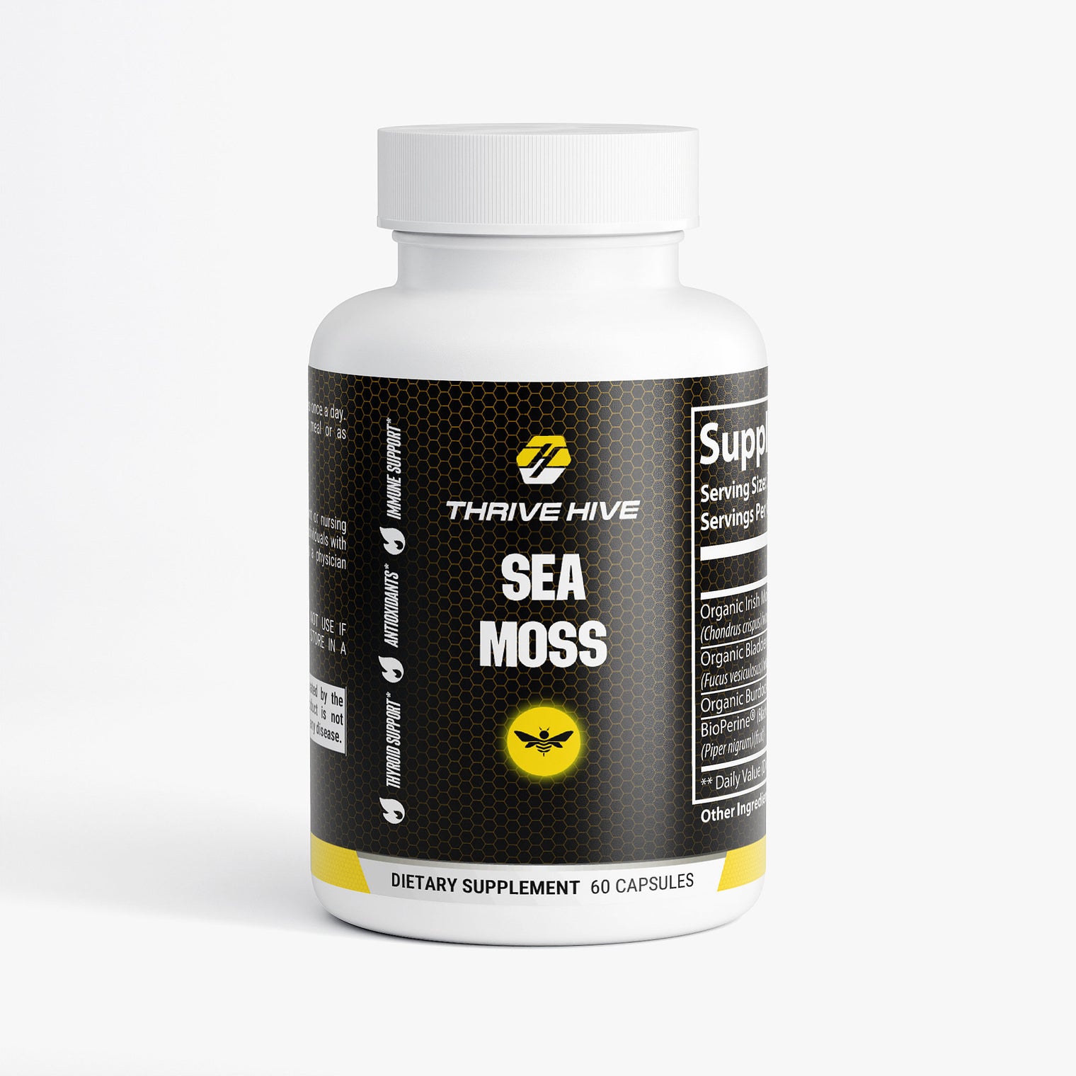 Thrive Hive Sea Moss supplement bottle, a natural blend for thyroid and immune support.
