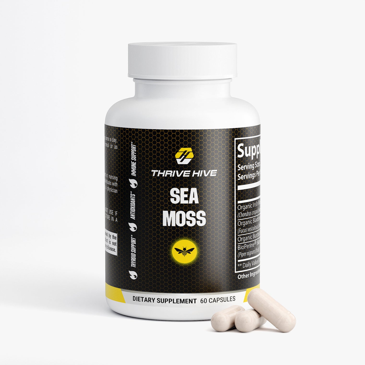 Thrive Hive Sea Moss supplement bottle, a natural blend for thyroid and immune support.