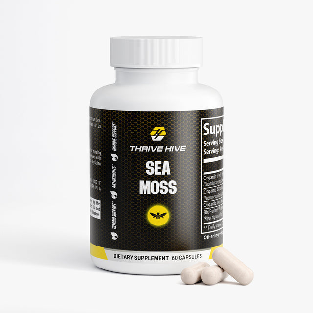 Thrive Hive Sea Moss supplement bottle, a natural blend for thyroid and immune support.