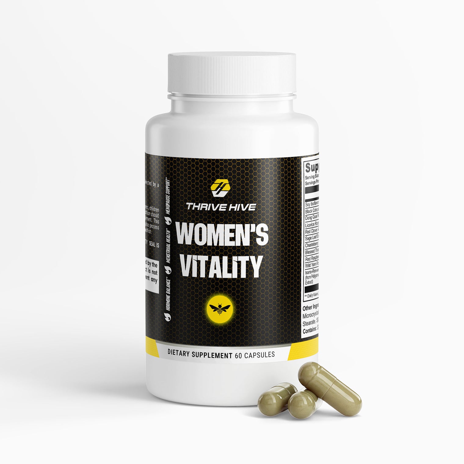 Thrive Hive Women's Vitality bottle, a supplement for hormonal balance and female wellness.