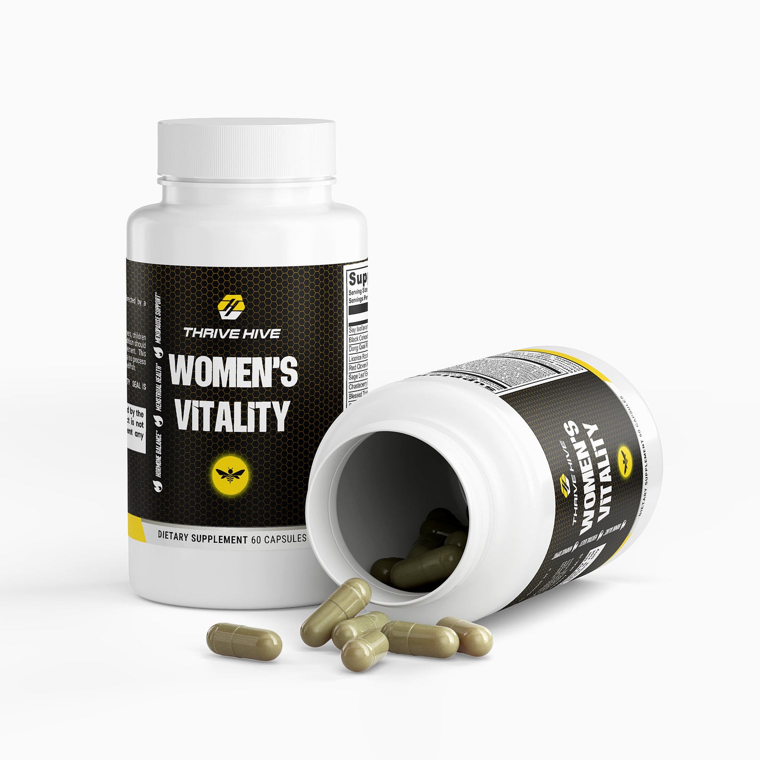 Close-up of a Thrive Hive Women's Vitality capsule, a blend of herbal extracts for women's health.