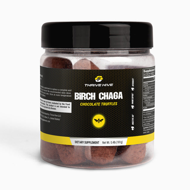 Thrive Hive's box of Birch Chaga Truffles, a chocolate supplement for gut and immune health.
