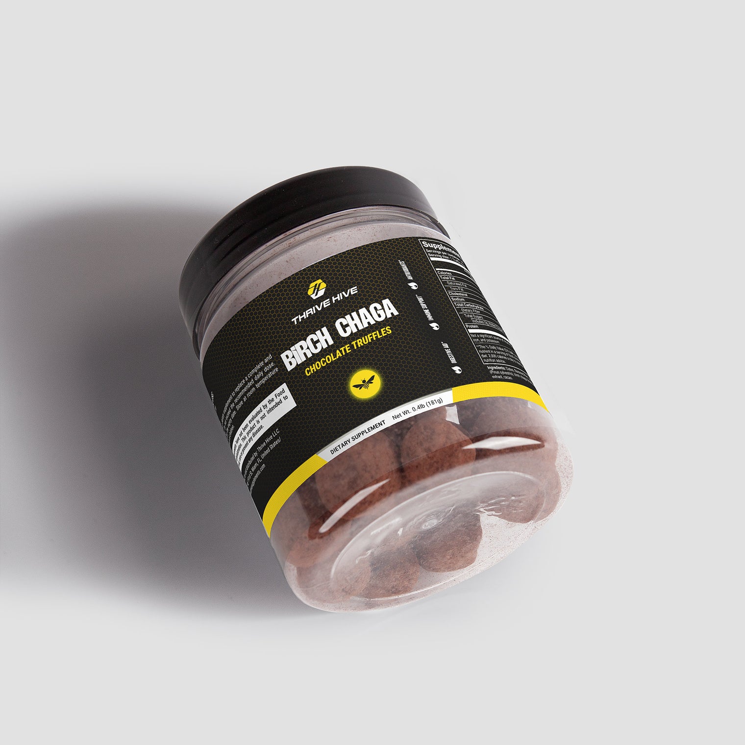 Thrive Hive Birch Chaga Chocolate Truffles in a box, rich in antioxidants and fulvic acid for a healthy gut microbiome.