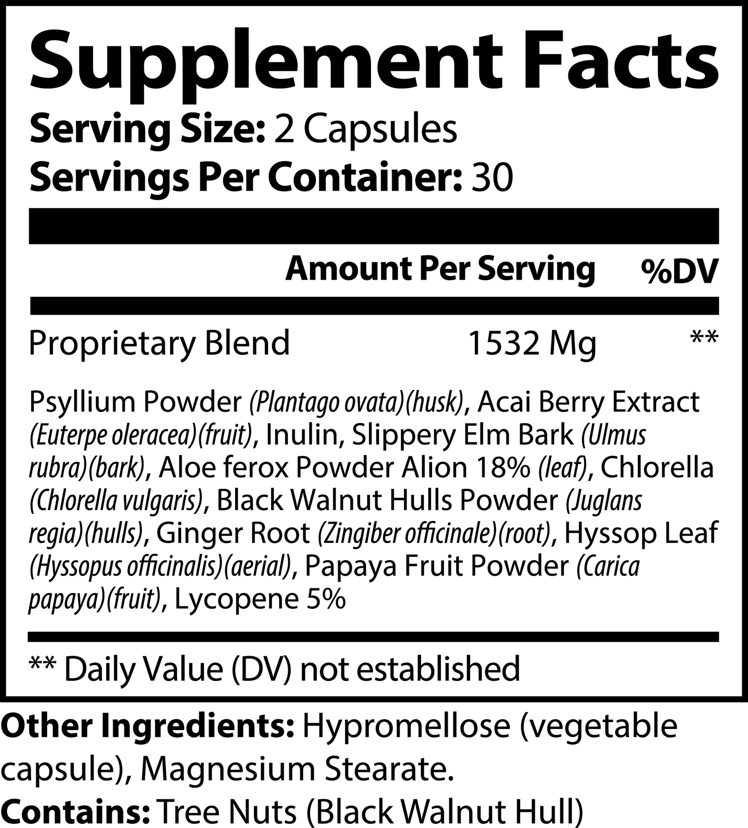 Label of Thrive Hive Daily Detox showing a proprietary blend of Psyllium Powder, Acai Berry, and Chlorella.