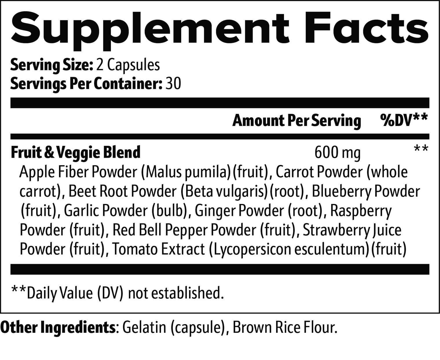 Label of Thrive Hive Fruit and Veggie Extract showing ingredients for digestive, cardiovascular, and cellular health.