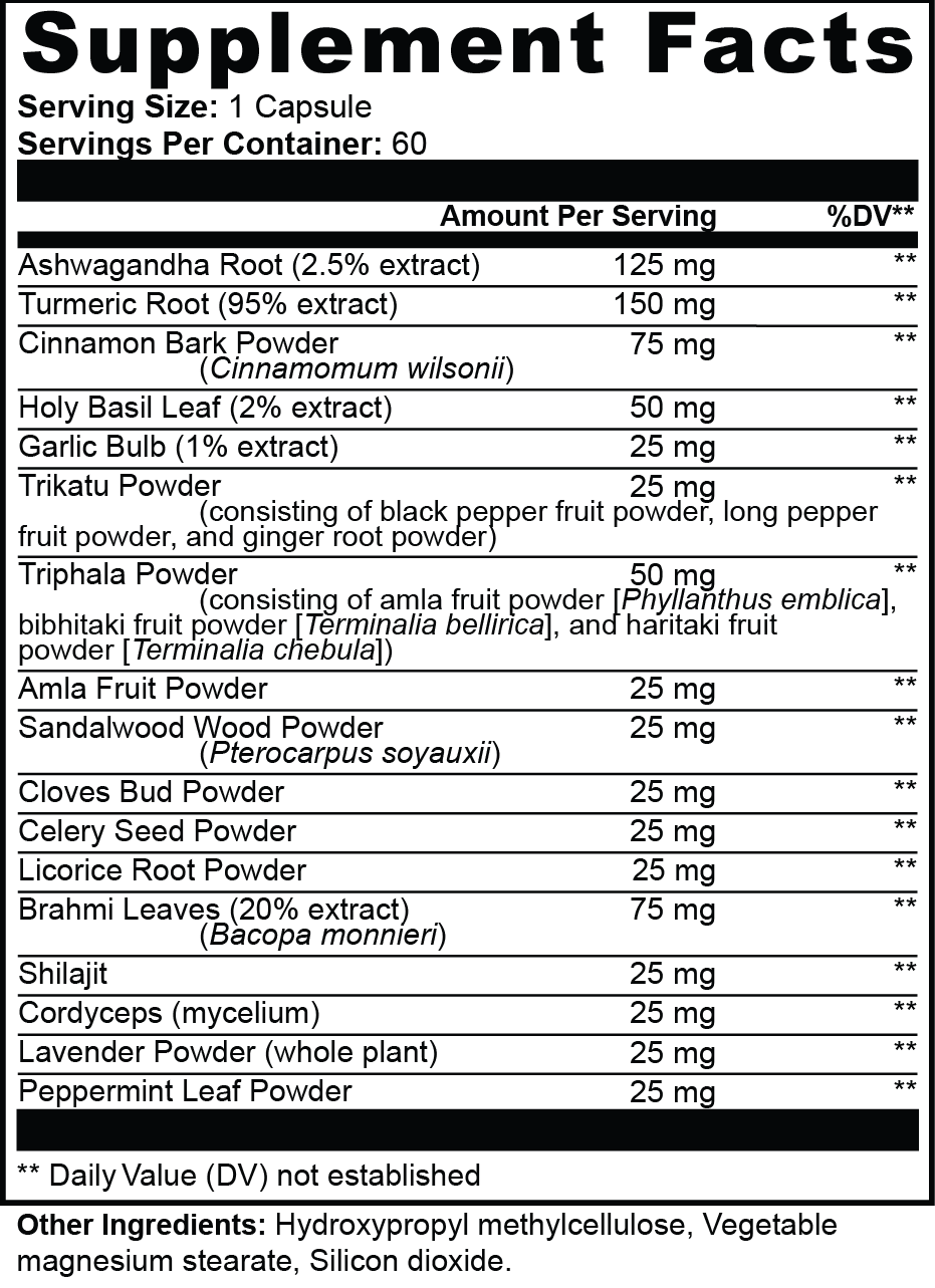 Label of Thrive Hive Ayurvedic Complex showing the ingredients for adaptogenic and digestive support.