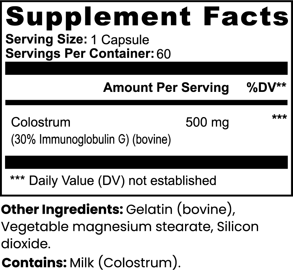 Label of the Colostrum (bovine) supplement with 30% IgG for intestinal health.