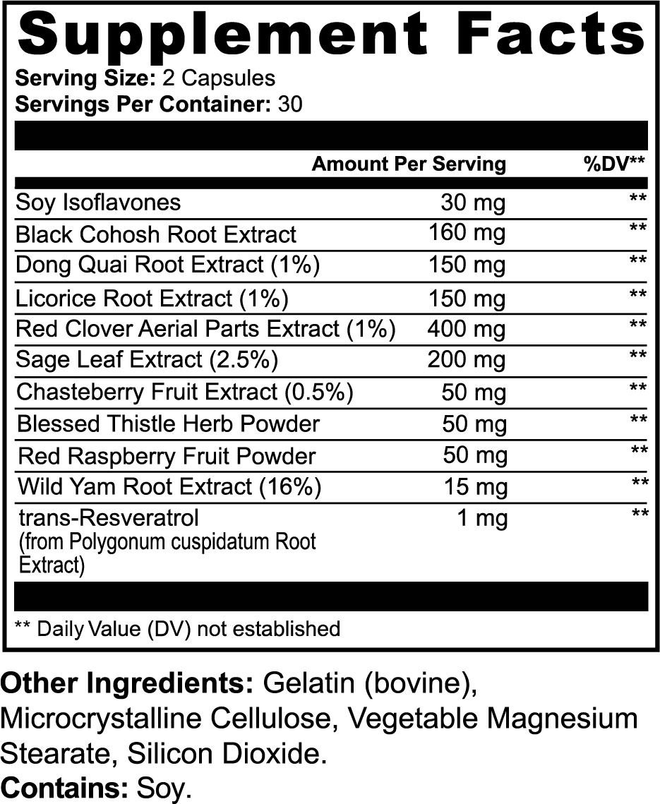 Label of Thrive Hive Women's Vitality showing a list of botanical extracts for women's hormonal support.