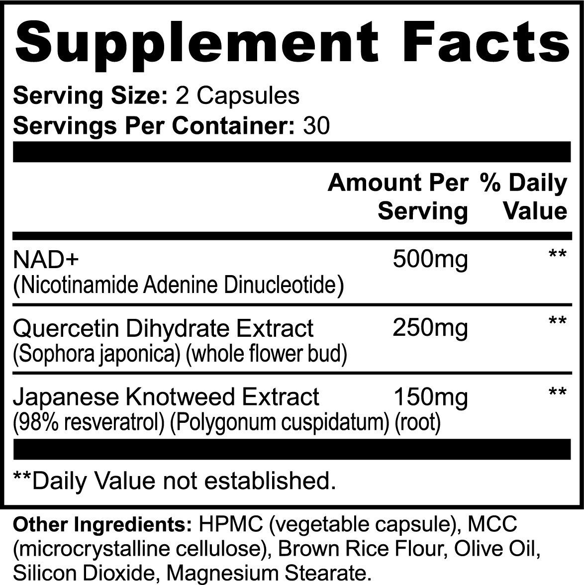 Label of Thrive Hive NAD+ showing ingredients including 500mg NAD+, Quercetin, and Resveratrol.