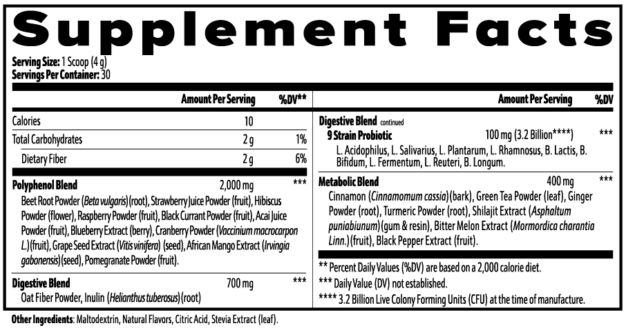 Label of Thrive Hive Red Superfoods Blend showing ingredients like Beet Root, Acai, and various probiotics.