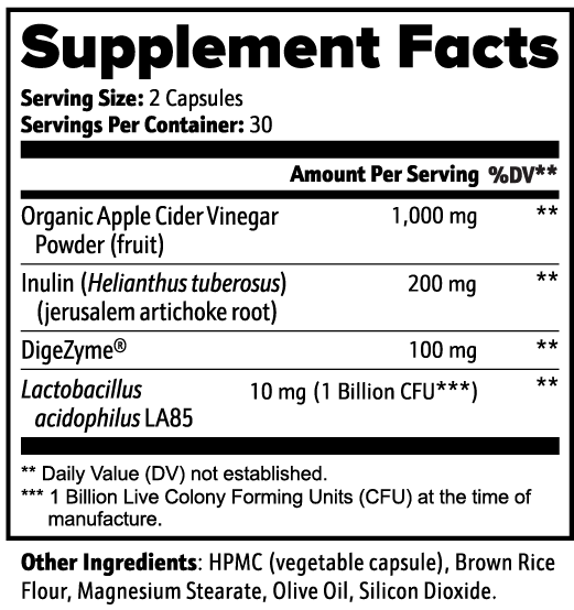Label of Thrive Hive Gut Check showing ingredients including Apple Cider Vinegar, Inulin, and Lactobacillus acidophilus.