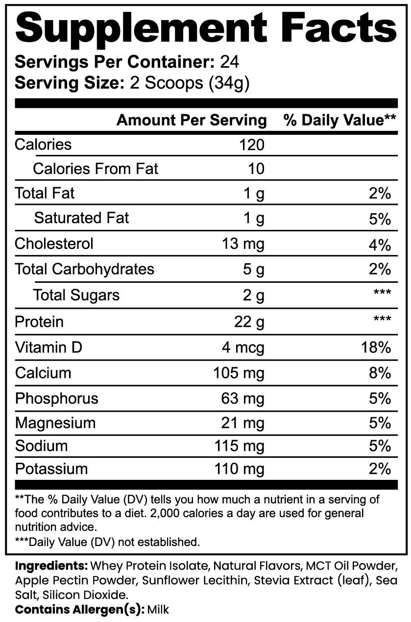 Label of Thrive Hive Whey Protein Isolate (Vanilla) showing 22g of protein, MCT oil, and apple pectin.