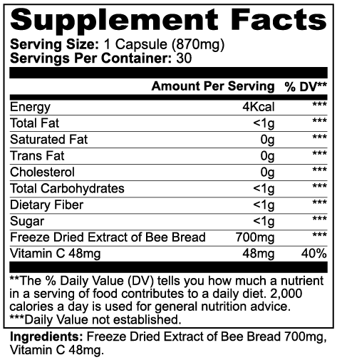 Label of Thrive Hive Bee Bread showing ingredients like freeze-dried bee bread extract and Vitamin C.