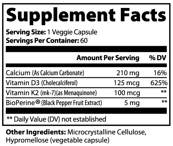 Label of Thrive Hive D3/K2 Complex showing the key ingredients for bone and heart health.