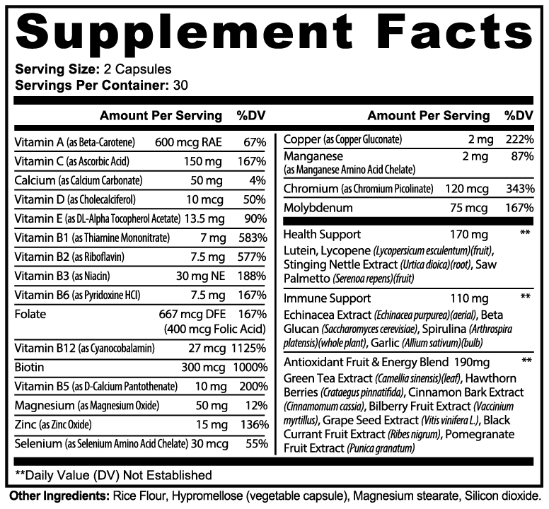 Label of Thrive Hive Multivitamin Matrix showing its complete blend of vitamins, minerals, and other natural nutrients.