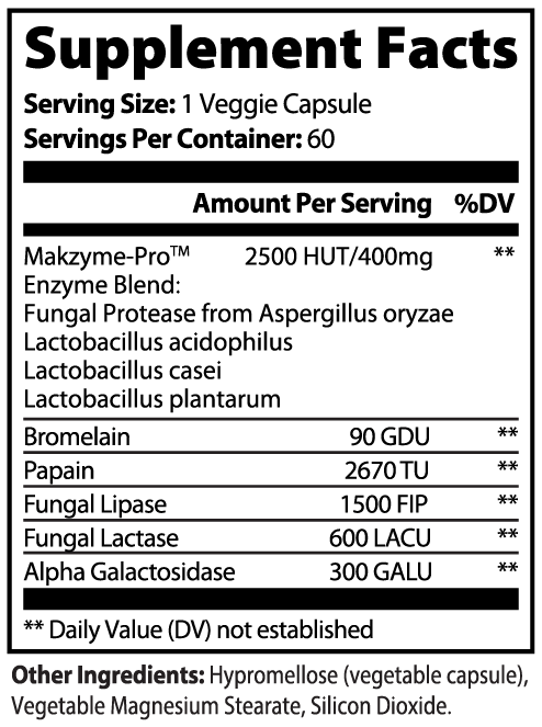 Label of Thrive Hive Digestive Enzyme Advanced Blend showing the Makzyme-Pro™ blend and other enzymes.
