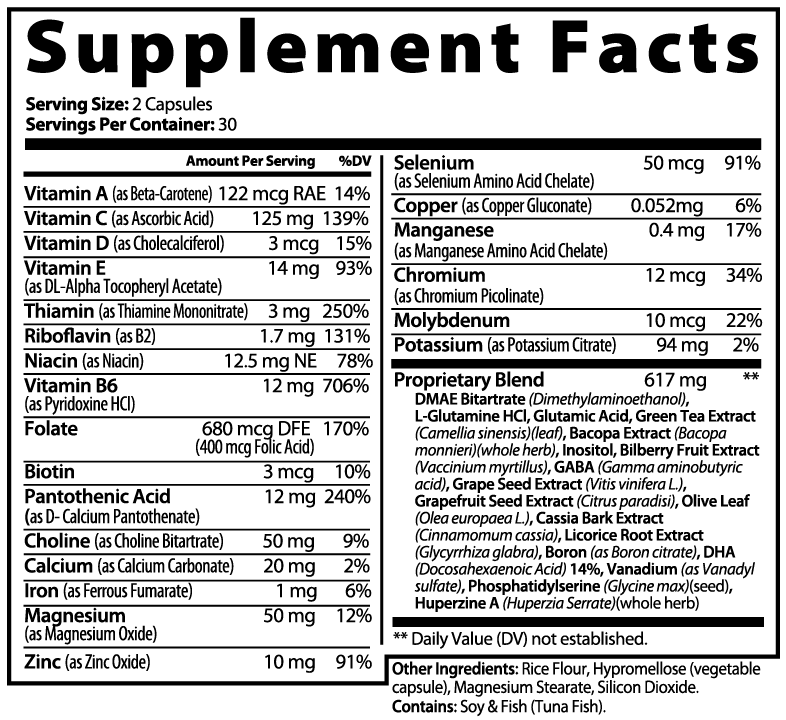 Label of Thrive Hive Advanced Focus Formula showing ingredients like DMAE, Bacopa, and a blend of vitamins.