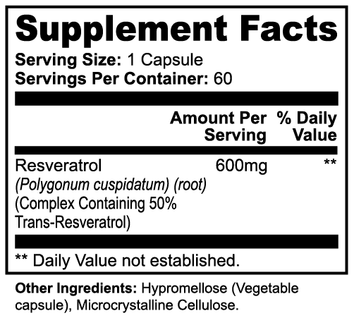 Label of Thrive Hive Resveratrol showing the 50% Trans-Resveratrol from Polygonum cuspidatum.