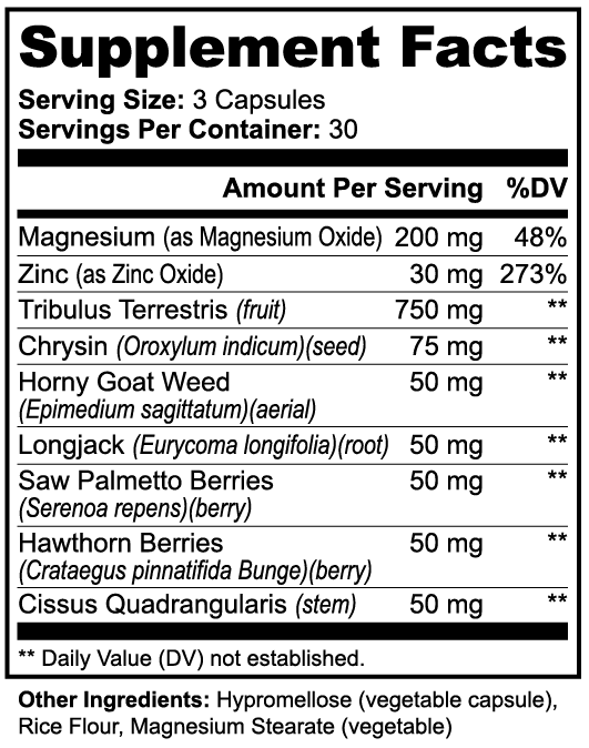 Label of Thrive Hive Alpha Male showing ingredients like Tribulus Terrestris, Zinc, and Horny Goat Weed.