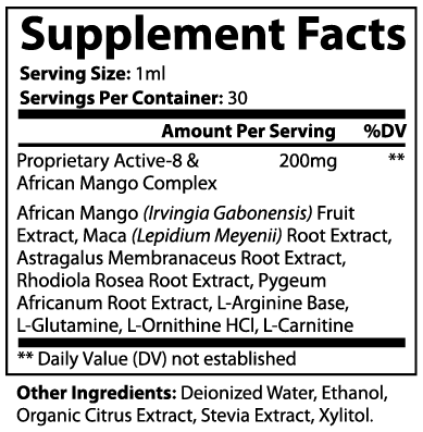 Label of Thrive Hive Weight Support Drops showing ingredients like African Mango and Maca Root.