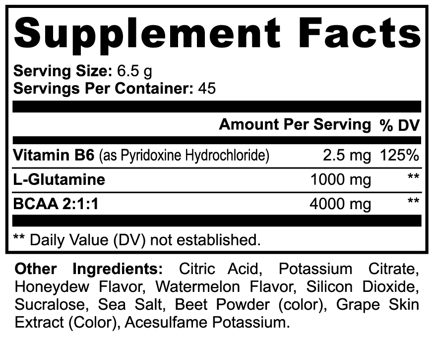 Label of Thrive Hive BCAA showing ingredients including L-Glutamine and the 2:1:1 ratio.