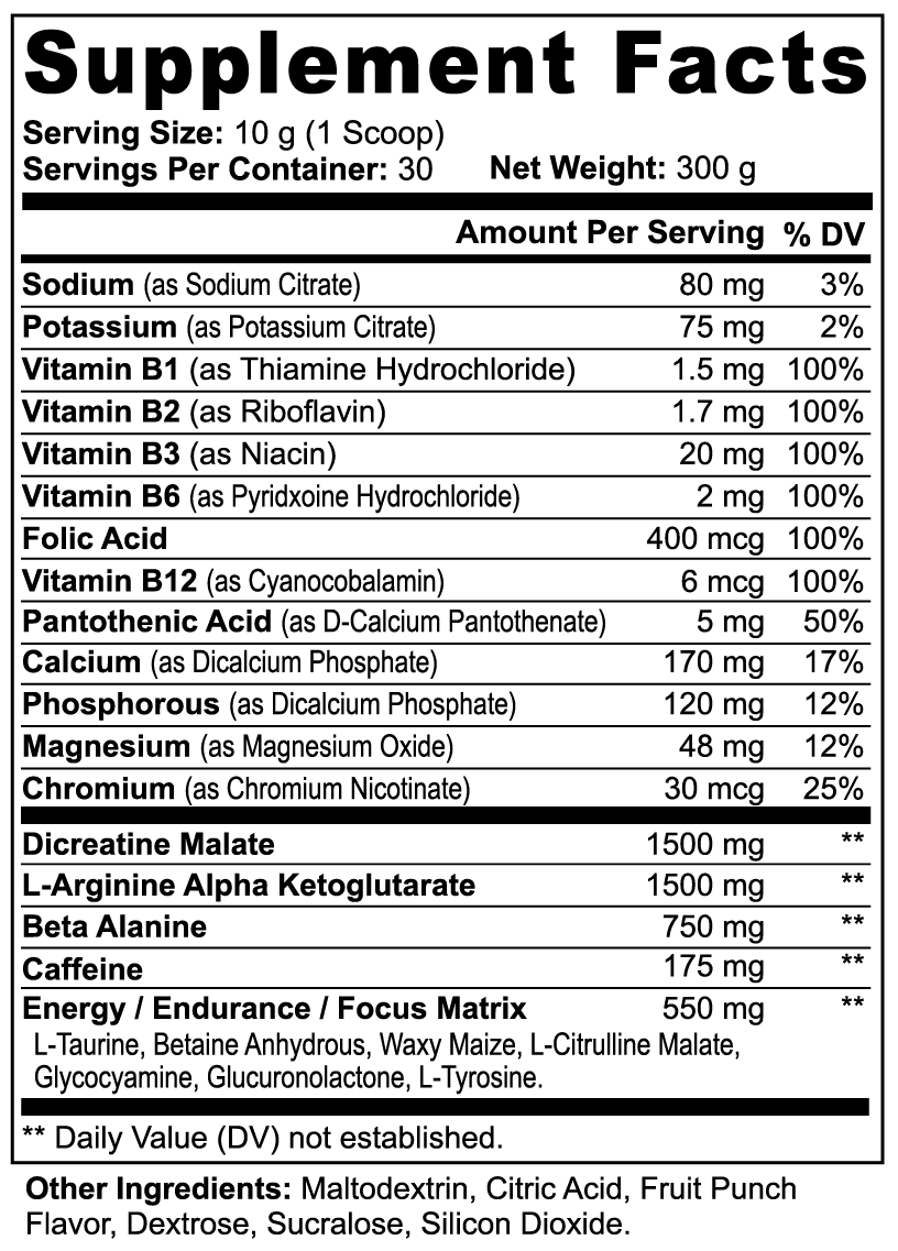 Label of Thrive Hive SWARM Pre-Workout showing ingredients like creatine, beta-alanine, and caffeine.