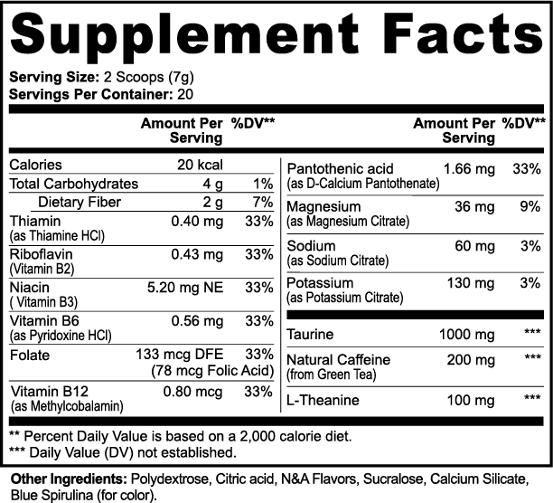 Label of Thrive Hive Busy Bee Energy Powder showing ingredients like caffeine, L-theanine, and B vitamins.
