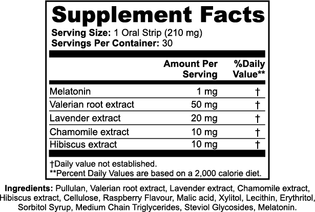 Label of the Thrive Hive's Snooze Strips package showing ingredients like Valerian, Lavender, and Melatonin.