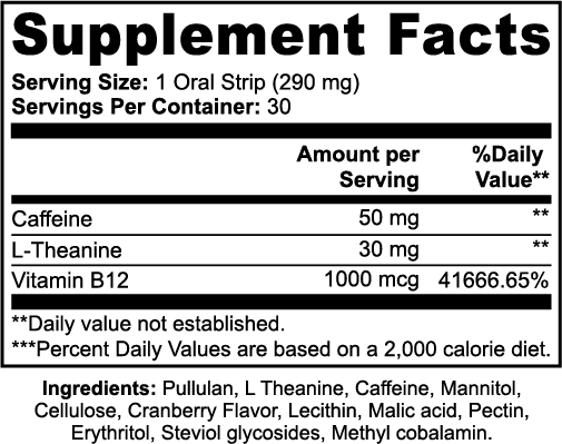 Label of Thrive Hive Busy Bee Energy Strips showing ingredients like L-Theanine, Caffeine, and Vitamin B12.