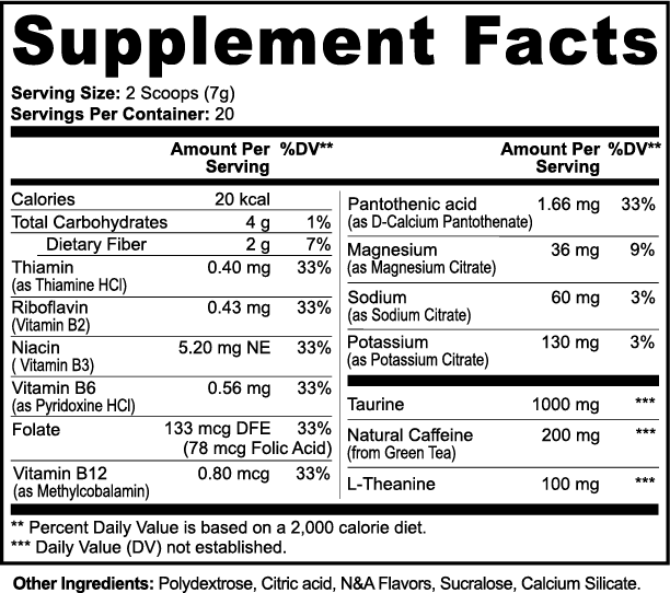 Label of Thrive Hive Busy Bee Energy Powder showing ingredients like caffeine, L-theanine, and B vitamins.