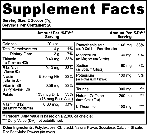 Label of Thrive Hive Busy Bee Energy Powder showing ingredients like caffeine, L-theanine, and B vitamins.