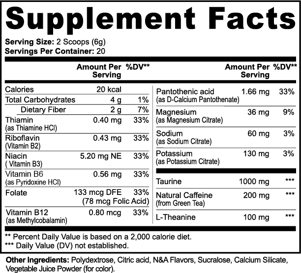 Label of Thrive Hive Busy Bee Energy Powder showing ingredients like caffeine, L-theanine, and B vitamins.