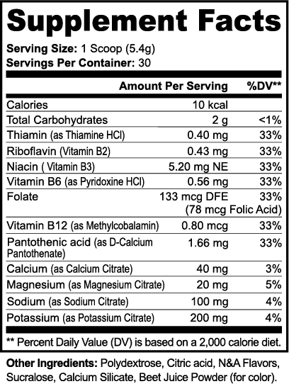Label of Thrive Hive Lychee Electrolytes showing ingredients like Vitamin B complex and Magnesium Citrate.