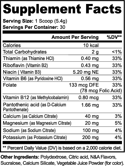 Label of Thrive Hive Matcha green Tea Electrolytes showing ingredients like Vitamin B complex and Magnesium Citrate.