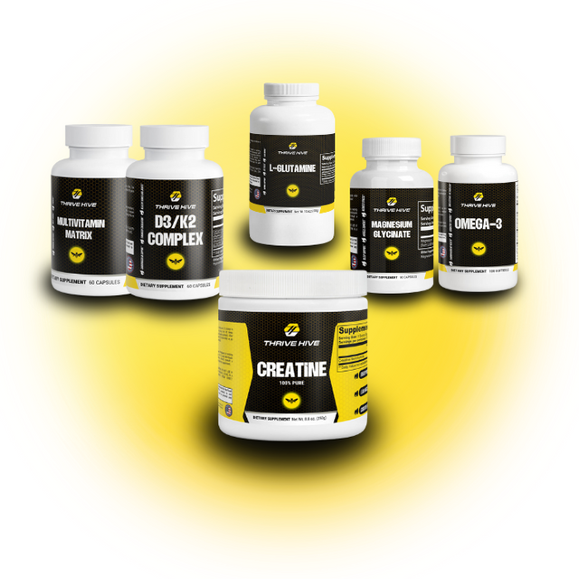 Thrive Hive Essentials Stack, a bundle of foundational supplements for daily wellness, including products for bone, heart, and immune support.