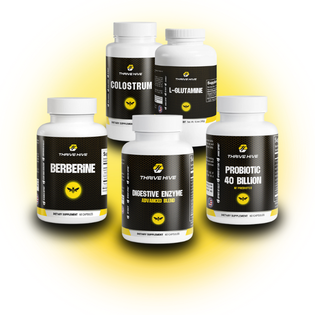 Thrive Hive Gut Stack, a bundle of supplements for gut health, digestion, and immune support. Includes Probiotics, Digestive Enzymes, Berberine, Colostrum, and L-Glutamine.