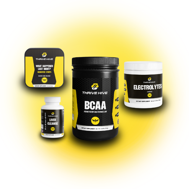 Thrive Hive Hangover Stack, a bundle of supplements for hangover relief and post-party recovery. Includes Hangover Strips, BCAAs, Electrolytes, and Liver Cleanse.