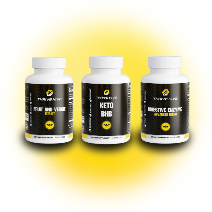 Thrive Hive Keto Stack, a bundle of supplements for ketosis support and keto lifestyle. Includes Keto BHB, Digestive Enzymes, and Fruit & Veggie Extract.