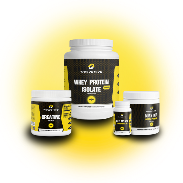 Thrive Hive Lean Stack, a bundle of supplements for fat loss and muscle maintenance. Includes Whey Protein, Creatine, an energy powder, and a thermogenic aid.