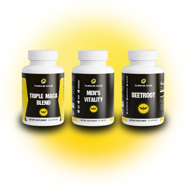 Thrive Hive Men's Vitality 1 Stack, a bundle of supplements for men's hormone health, energy, and libido support. Includes Men's Vitality, Triple Maca Blend, and Beetroot Capsules.
