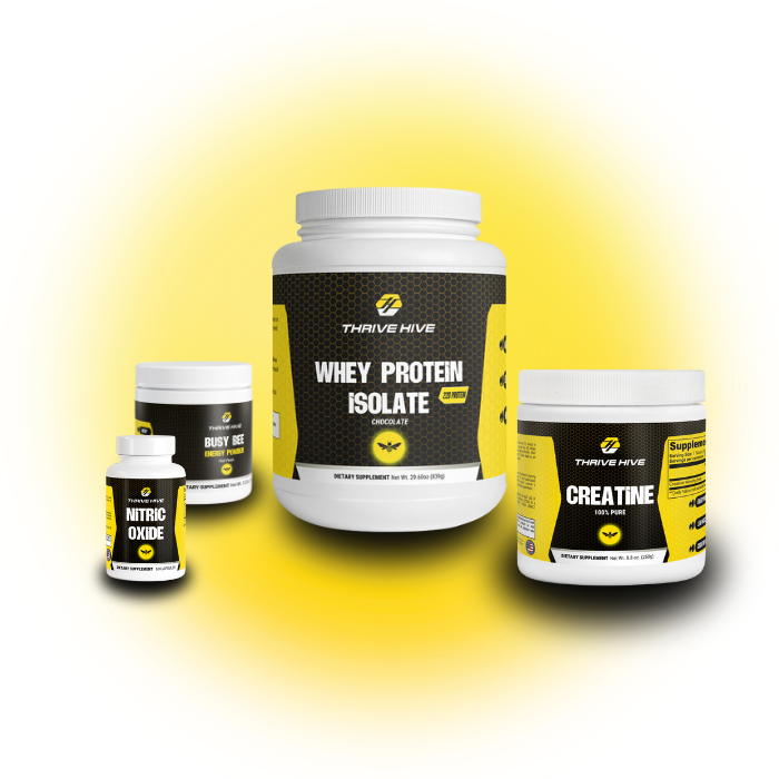 Thrive Hive Performance Stack, a bundle of supplements for workout performance, muscle, and energy. Includes Whey Protein, Creatine, Nitric Oxide, and Busy Bee Energy Powder.