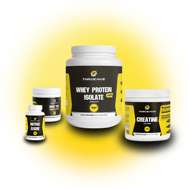 Thrive Hive Performance Stack, a bundle of supplements for workout performance, muscle, and energy. Includes Whey Protein, Creatine, Nitric Oxide, and Busy Bee Energy Powder.