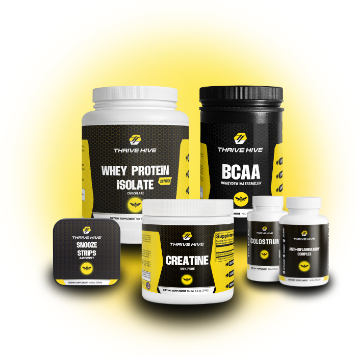 Thrive Hive Recovery Stack, a bundle of supplements for muscle repair, sleep, and anti-inflammatory support. Includes Whey Protein, Creatine, Anti-Inflammatory Complex, Snooze Strips, BCAAs, and Colostrum bottles.