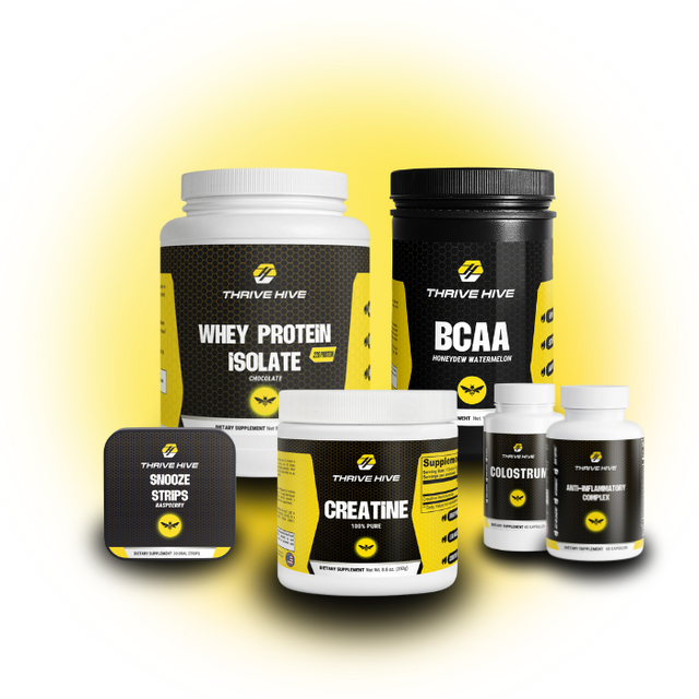 Thrive Hive Recovery Stack, a bundle of supplements for muscle repair, sleep, and anti-inflammatory support. Includes Whey Protein, Creatine, Anti-Inflammatory Complex, Snooze Strips, BCAAs, and Colostrum bottles.
