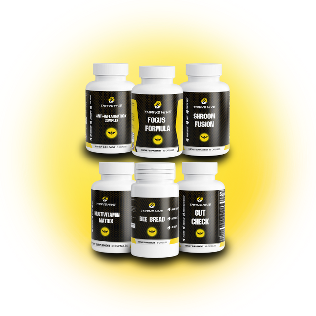 Thrive Hive 1 Stack, a bundle of comprehensive supplements for overall health, including products for immune, gut, and mental support.