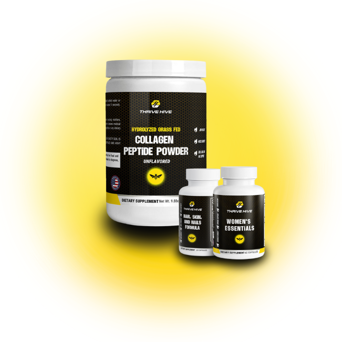 Thrive Hive Women's Vitality 1 Stack, a bundle of supplements for hormonal health, beauty, and energy. Includes Women’s Essentials, Grass-Fed Collagen, and Hair, Skin, and Nails Formula.