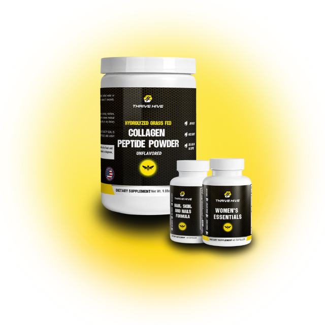 Thrive Hive Women's Vitality 1 Stack, a bundle of supplements for hormonal health, beauty, and energy. Includes Women’s Essentials, Grass-Fed Collagen, and Hair, Skin, and Nails Formula.