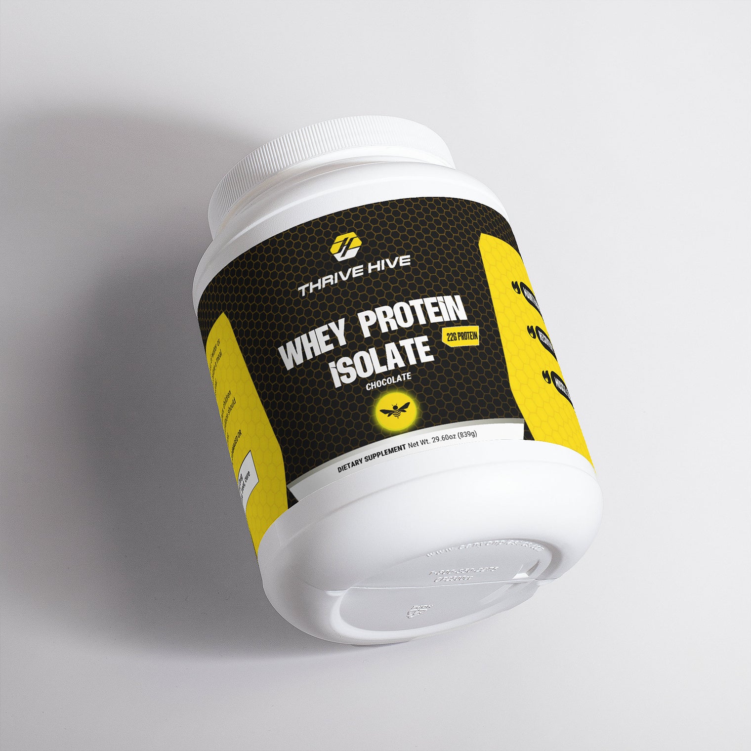 Thrive Hive Whey Protein Isolate (Chocolate) container, a supplement for muscle recovery and growth.