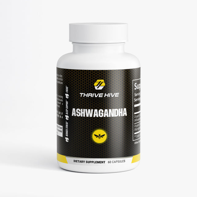 Thrive Hive Ashwagandha bottle, a natural adaptogen for stress relief and wellness.