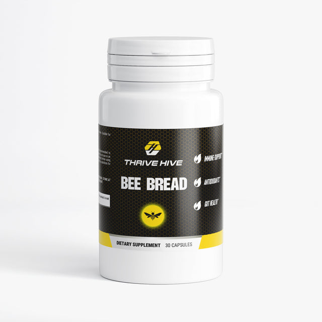 Thrive Hive Bee Bread bottle, a natural supplement for immune and energy support.